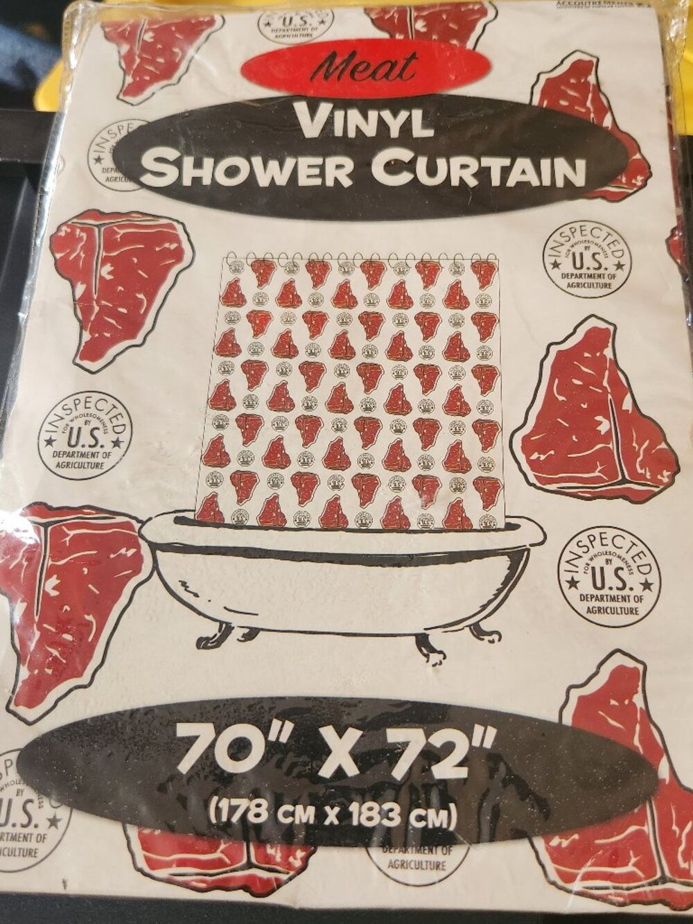 NWT Vintage Accoutrements MEAT Vinyl Shower Curtain Raw T-Bone Steak Gag Gift
